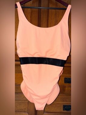 ASOS DESIGN Swim Peach Elastic Belted High-Leg One-Piece Swimsuit Retro Beach